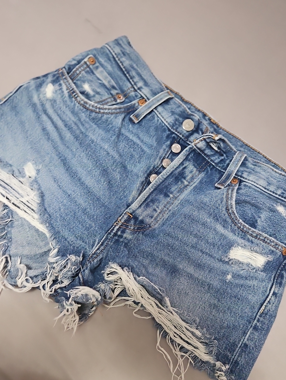 Levis 501 Shorts Distressed High-Waist Women's Denim Shorts - Light Blue